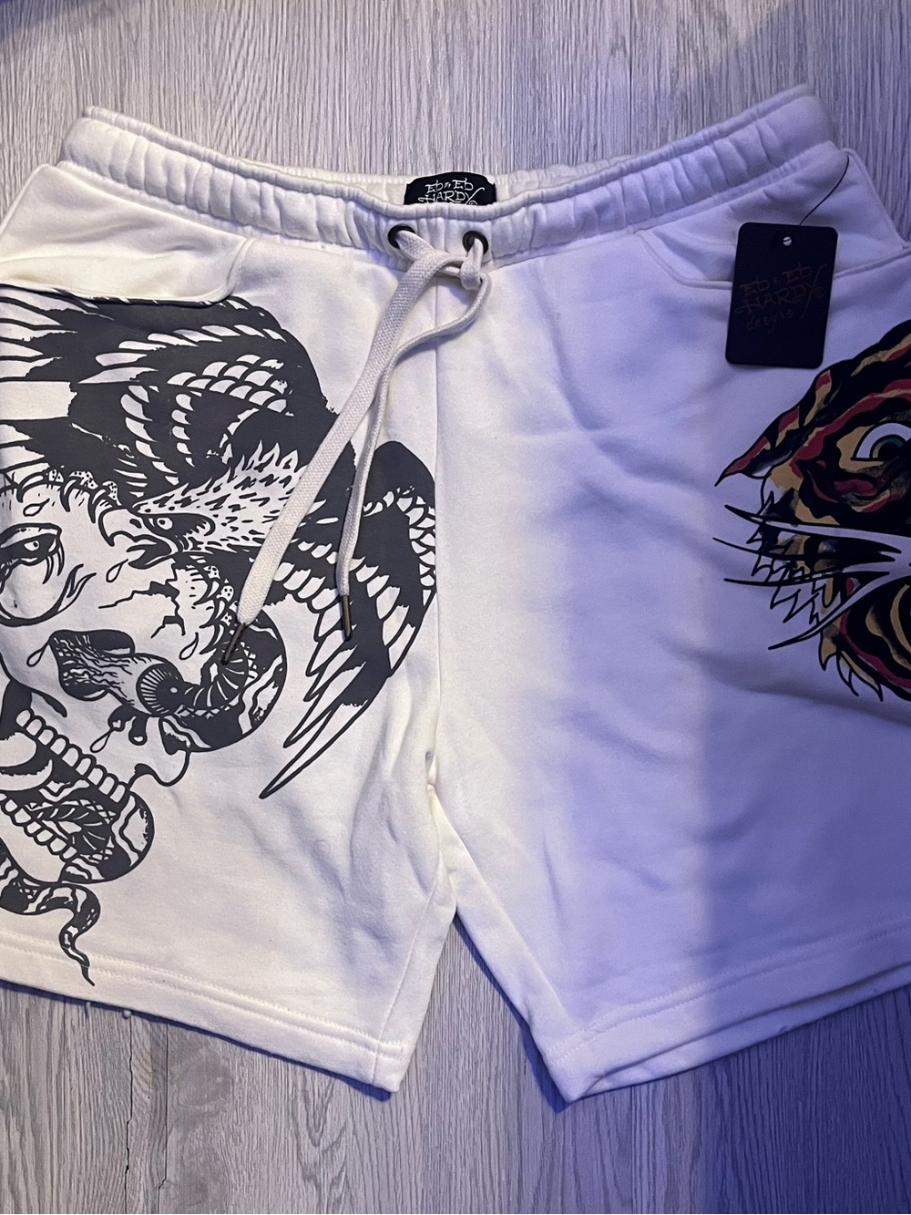 Ed Hardy White Men's Graphic Athletic Shorts with Tiger & Skull withEagle Motifs
